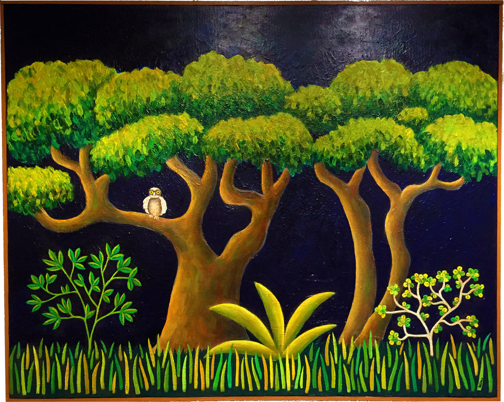 Judith Kaiser - "Big Trees with Owl" Acrylic Painting