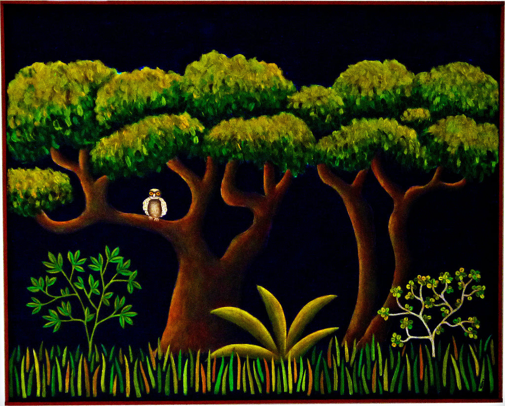 Judith Kaiser - "Big Trees with Owl" Acrylic Painting