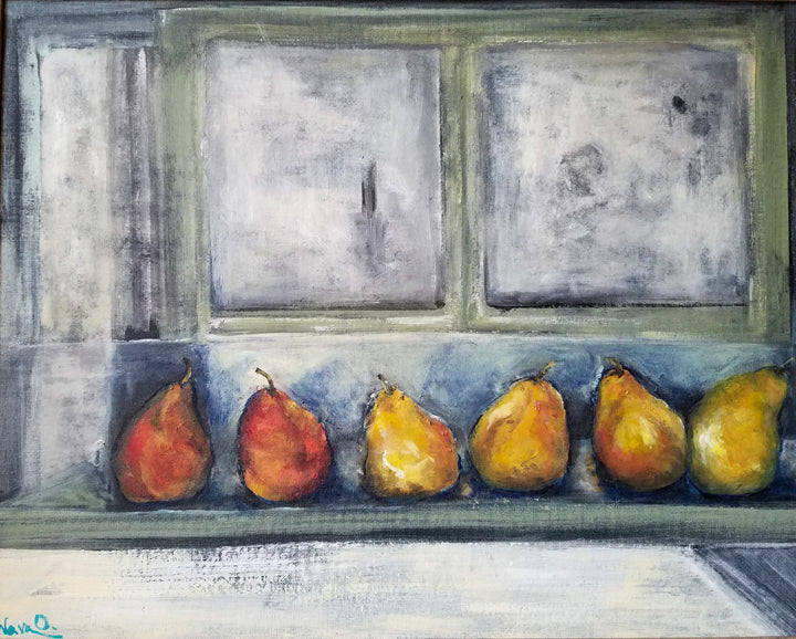 Nava Ottenberg- "Six Pears In A Window" Acrylic Painting