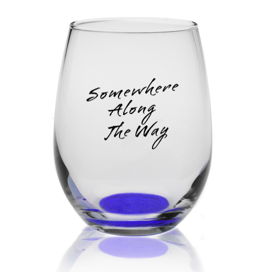 Somewhere Along The Way Libbey Stemless Wine Glass with Blue bottom 